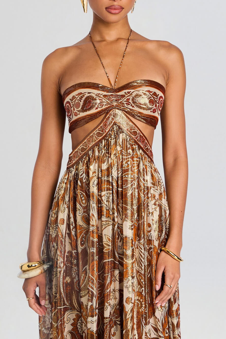 Elegant Hollow Print Halter Neck Backless Maxi Dress
