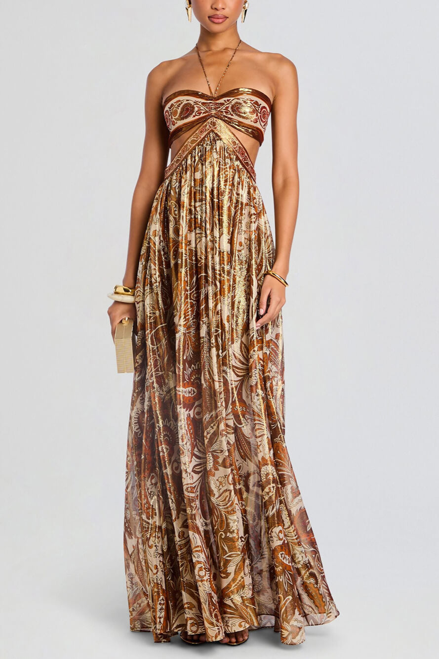 Elegant Hollow Print Halter Neck Backless Maxi Dress
