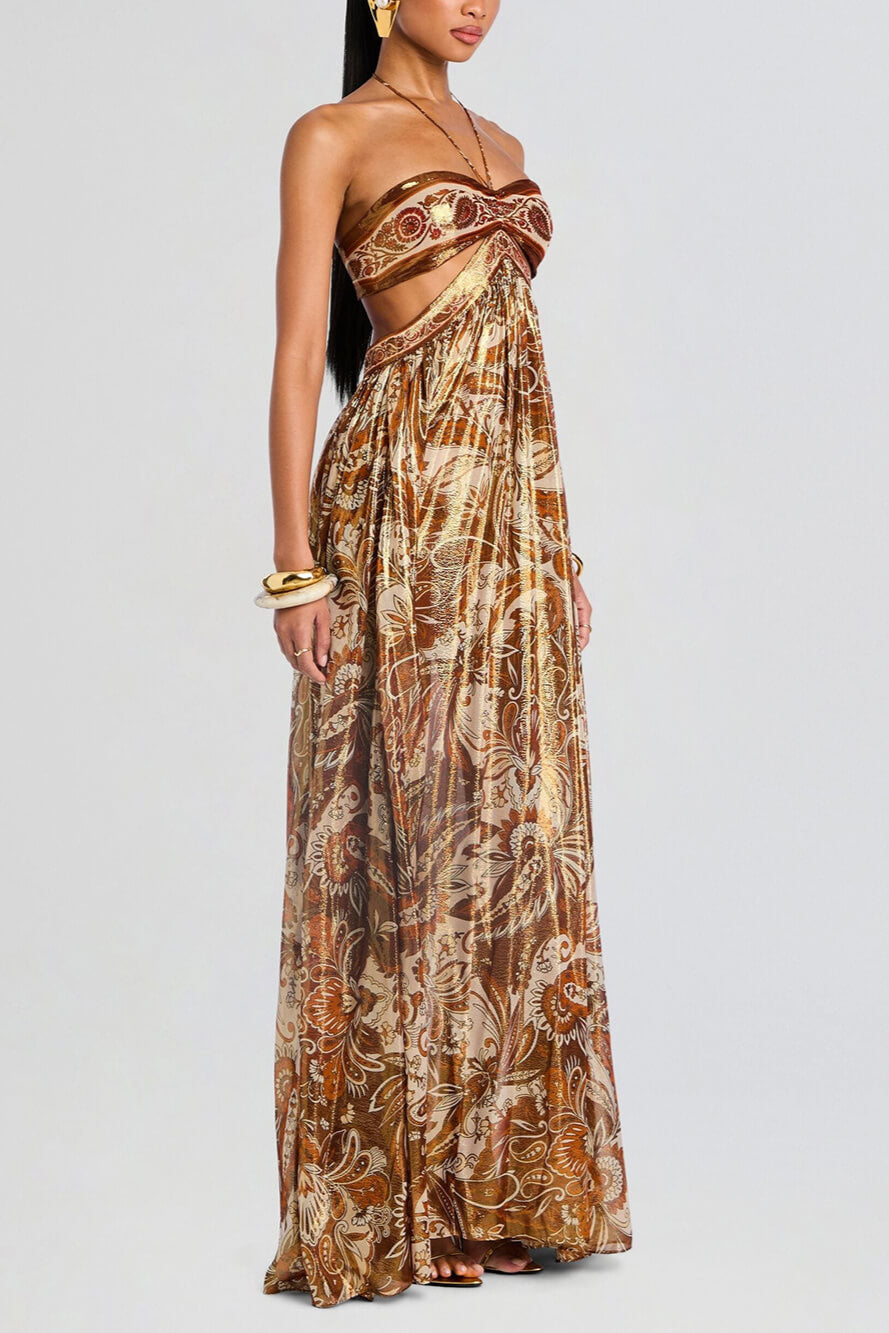 Elegant Hollow Print Halter Neck Backless Maxi Dress