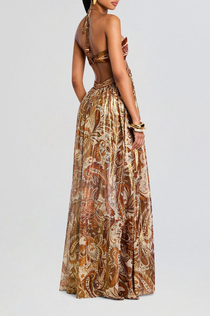 Elegant Hollow Print Halter Neck Backless Maxi Dress