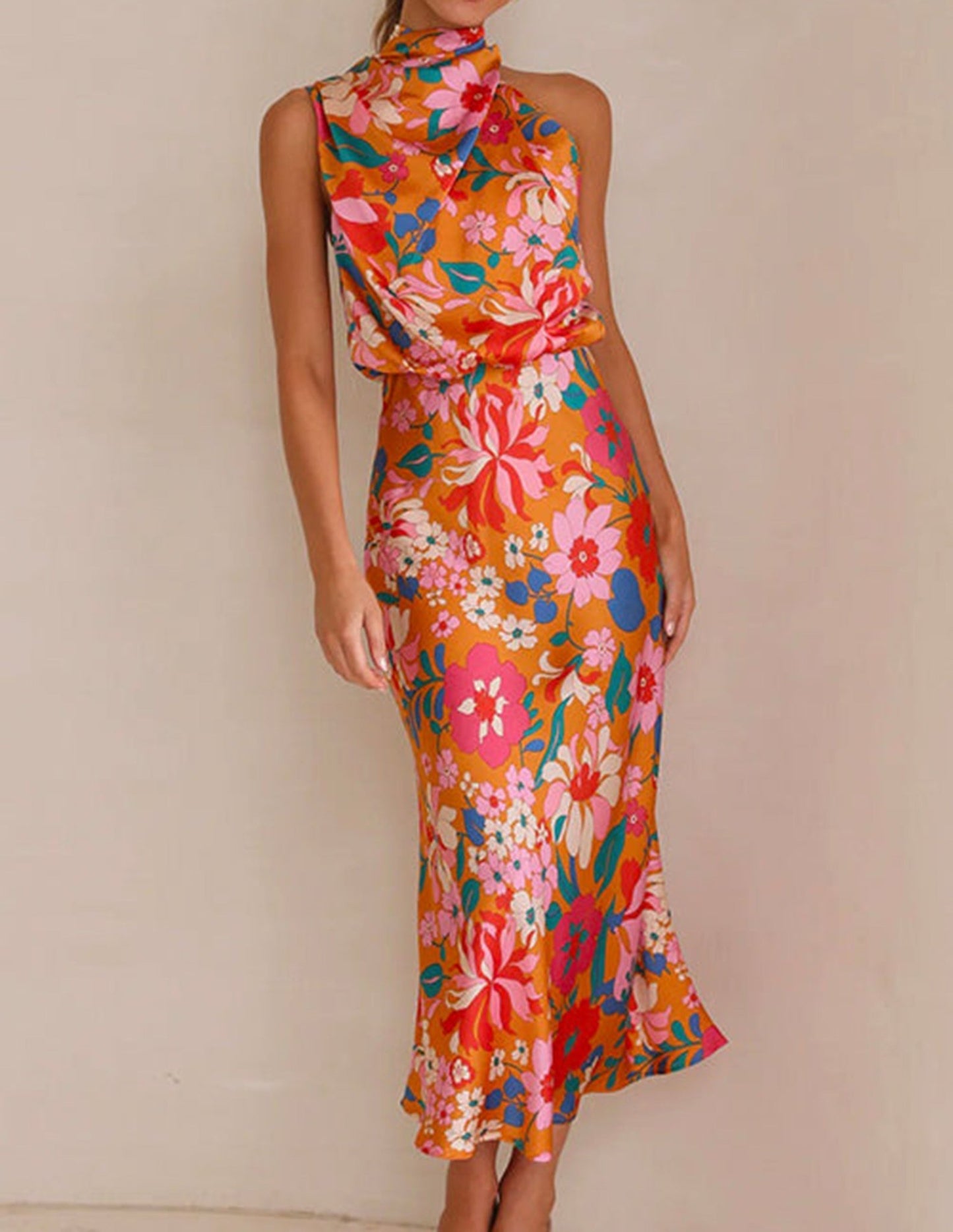 Botanical Bloom Halter Satin Maxi Dress - TheBohoBloom