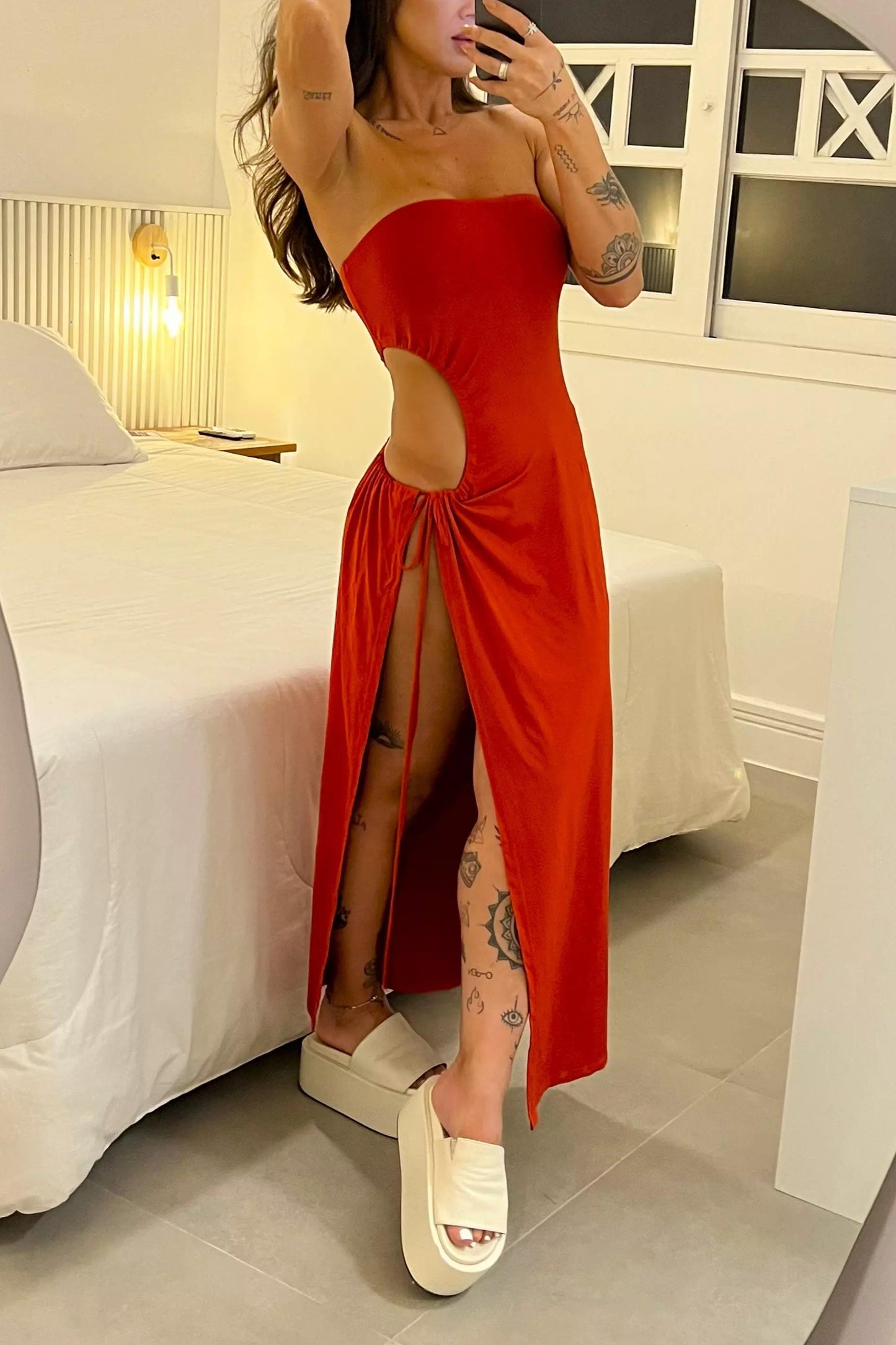 Bandeau Side Slit Tie Bodysuit Dress