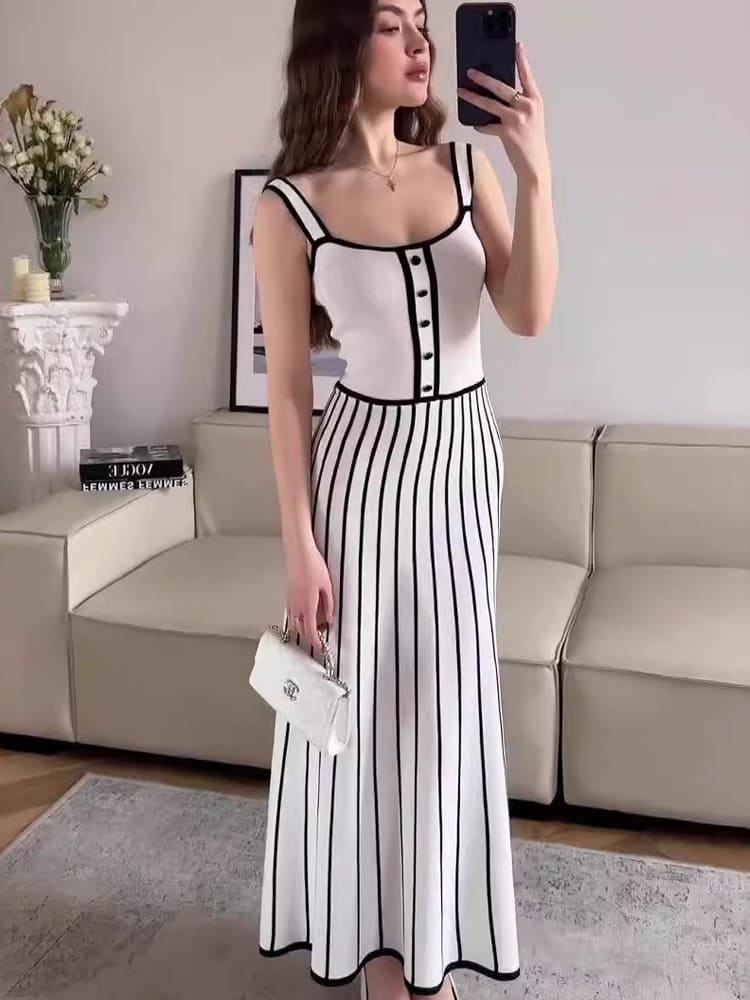 Striped Elegance Midi Dress - TheBohoBloom