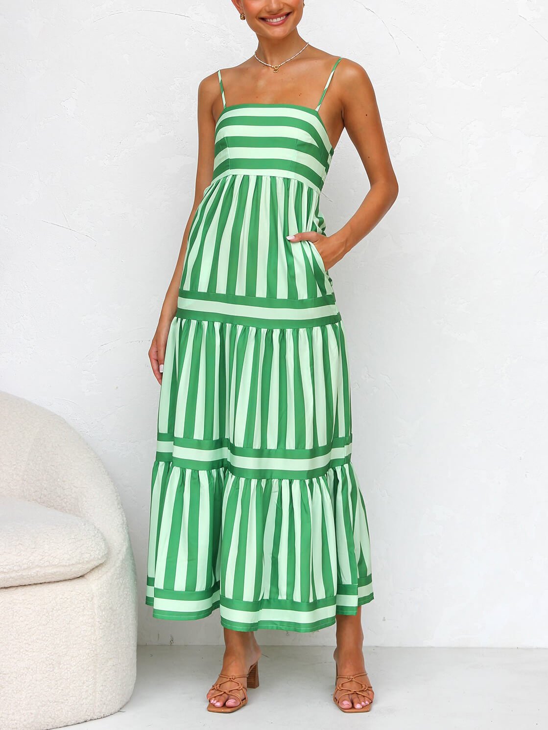 Suspender Striped Pocket Midi Dress - TheBohoBloom