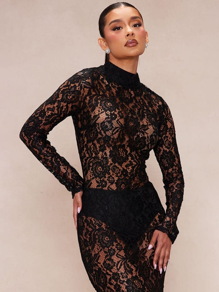 Obsidian Lace Elegance Maxi Dress - TheBohoBloom
