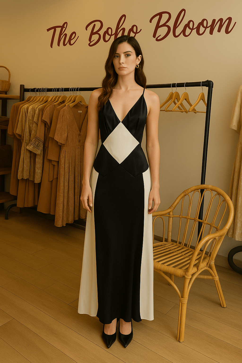 Monochrome Muse Satin Maxi Dress - TheBohoBloom