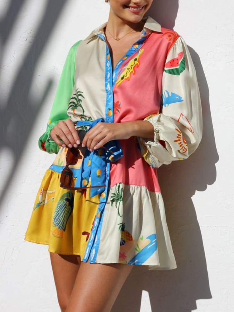 Vivid Hues Button - Down Mini Dress - TheBohoBloom