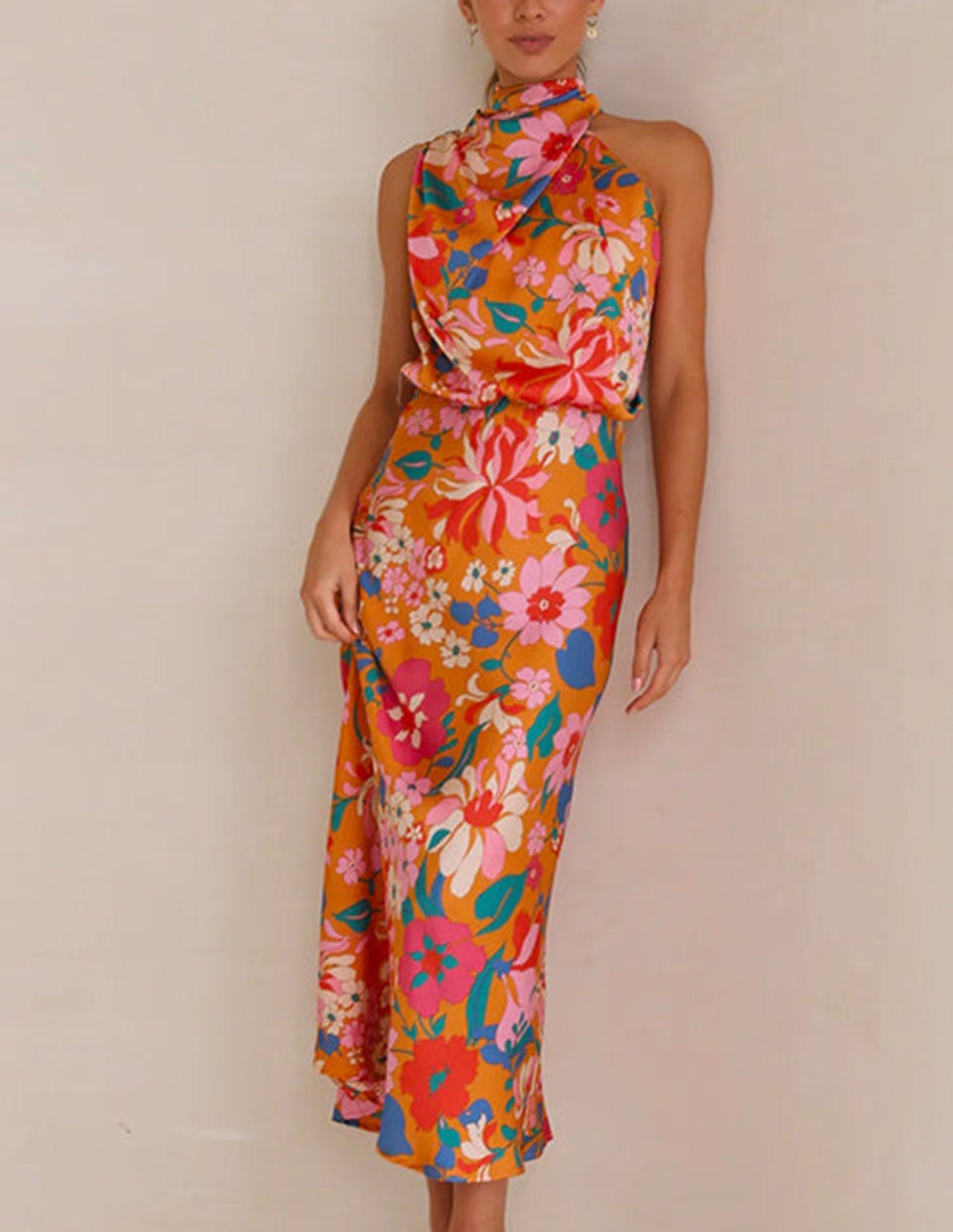 Botanical Bloom Halter Satin Maxi Dress - TheBohoBloom