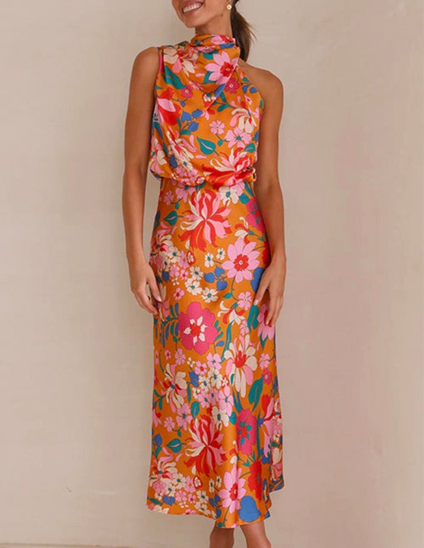 Botanical Bloom Halter Satin Maxi Dress - TheBohoBloom