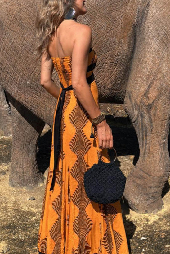 Casual Off-The-Shoulder Printed Tie Maxi Dress