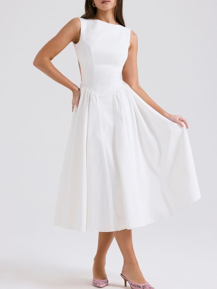 Minimalist White Twill Midi Dress - TheBohoBloom