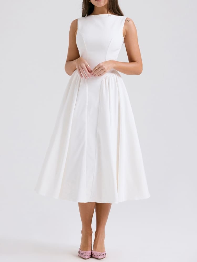Minimalist White Twill Midi Dress - TheBohoBloom