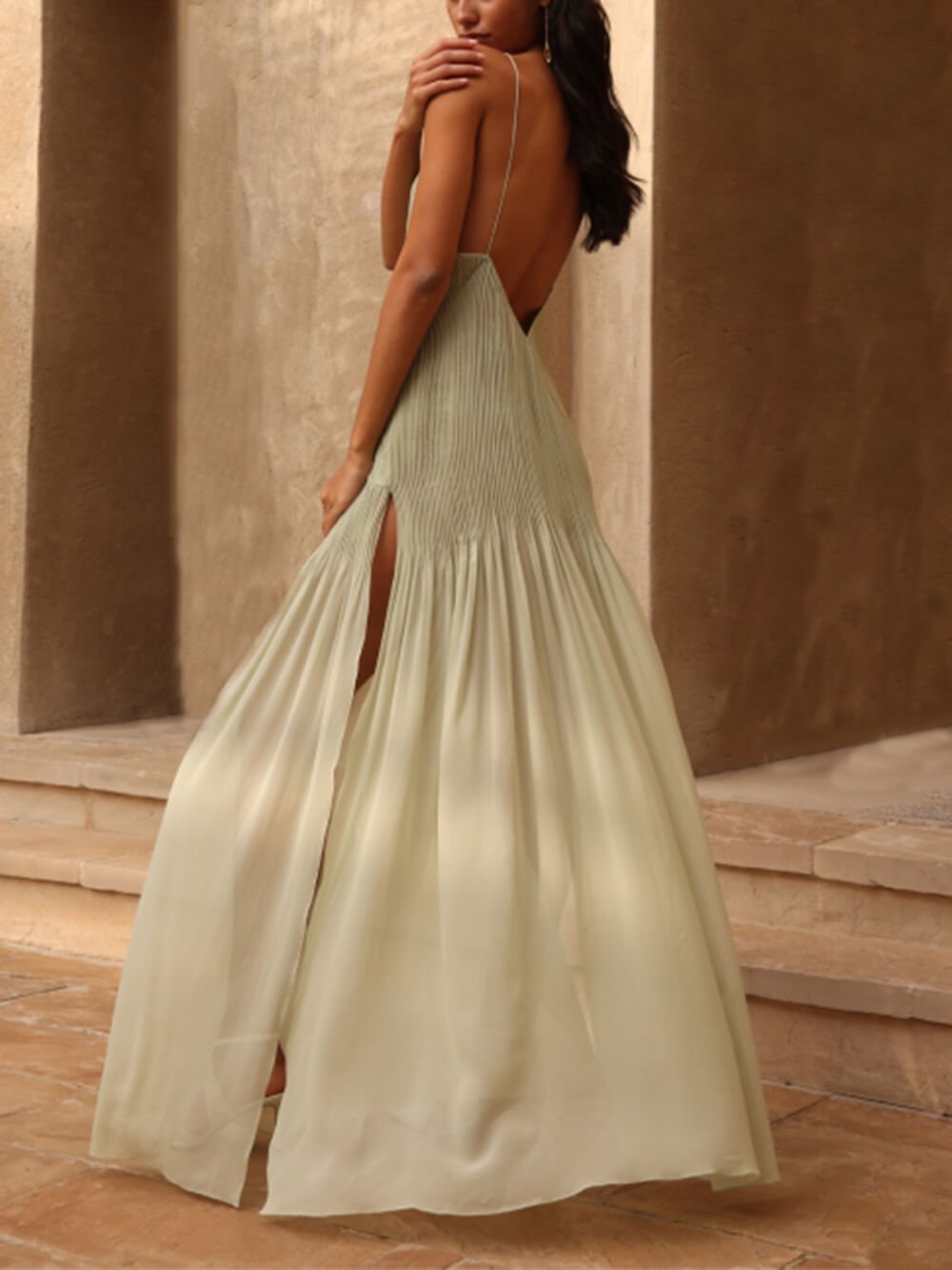 Olive Patchwork Pleated Maxi Dress - TheBohoBloom