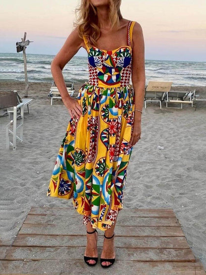 Unique Sunset Walk Ethnic Pattern Print Backless Midi Dress