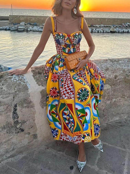 Unique Sunset Walk Ethnic Pattern Print Backless Midi Dress