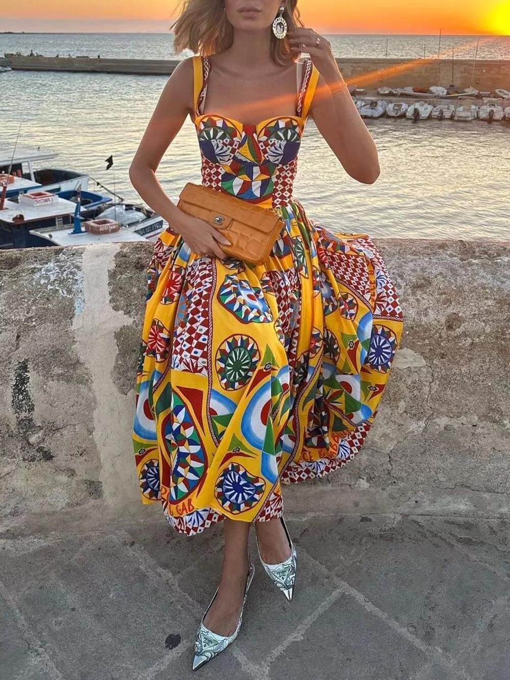 Unique Sunset Walk Ethnic Pattern Print Backless Midi Dress