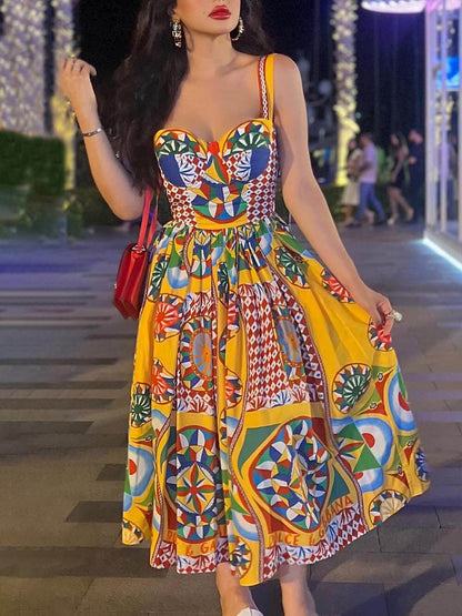 Unique Sunset Walk Ethnic Pattern Print Backless Midi Dress