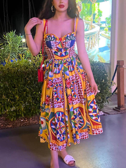 Unique Sunset Walk Ethnic Pattern Print Backless Midi Dress