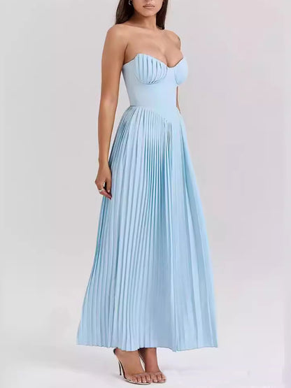 Elegant Pleated Strapless Maxi Dress