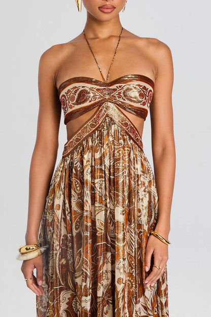 Elegant Hollow Print Halter Neck Backless Maxi Dress