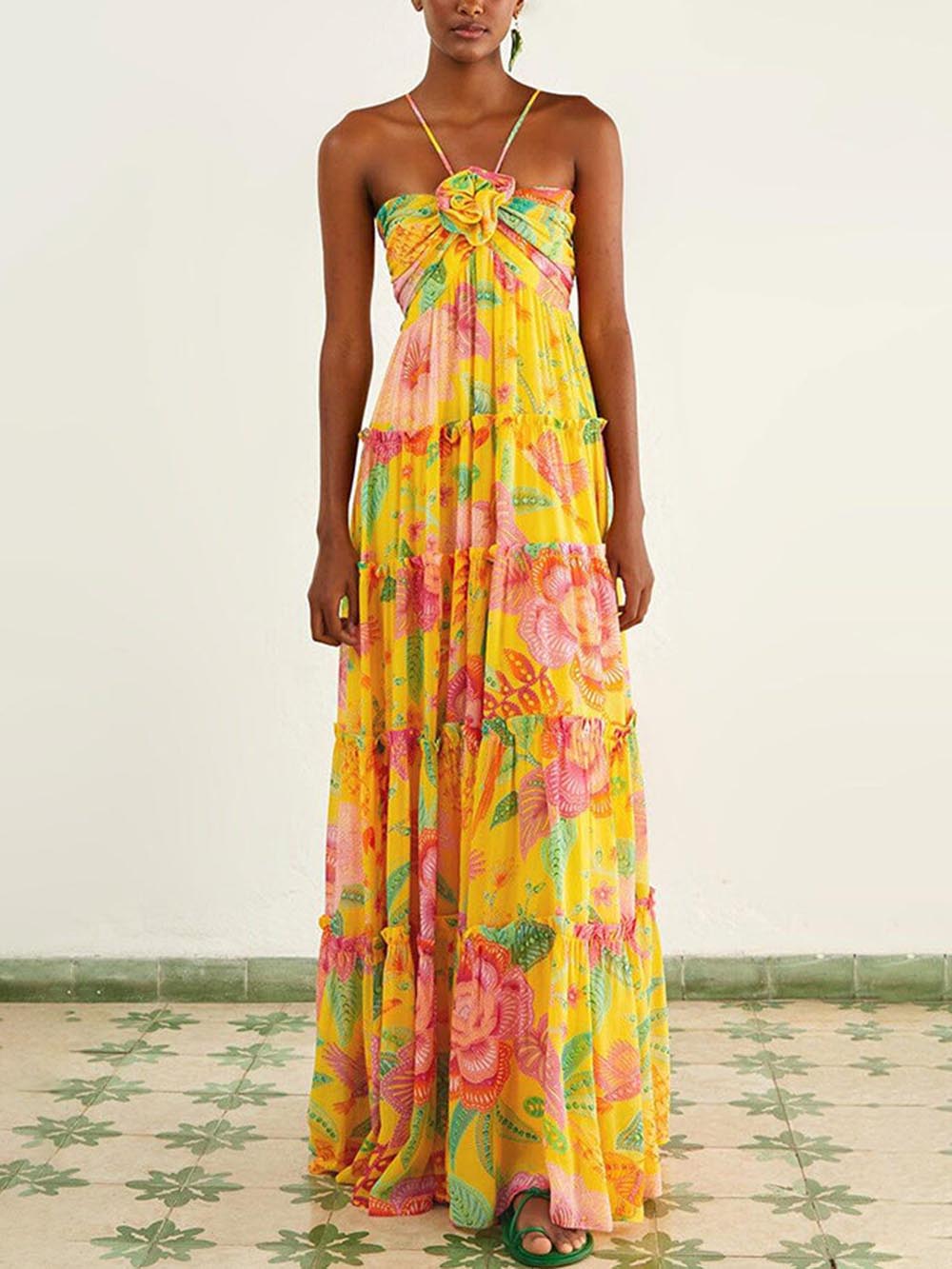 Hanging Neck Printed Floral Design Backless Straight Maxi Dress