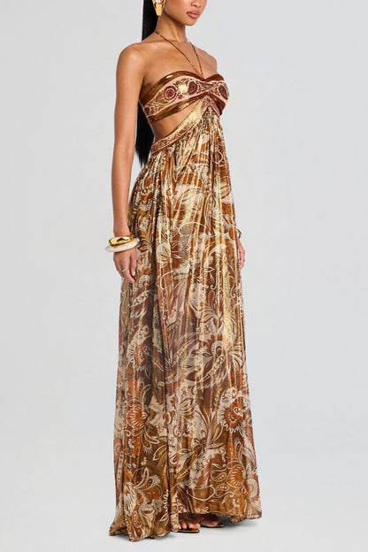 Elegant Hollow Print Halter Neck Backless Maxi Dress