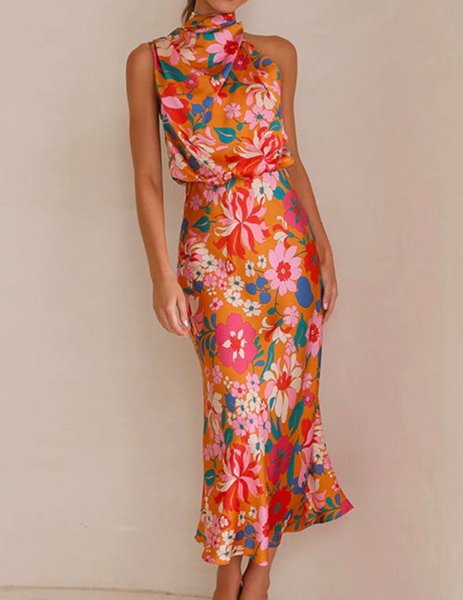 Botanical Bloom Halter Satin Maxi Dress - TheBohoBloom