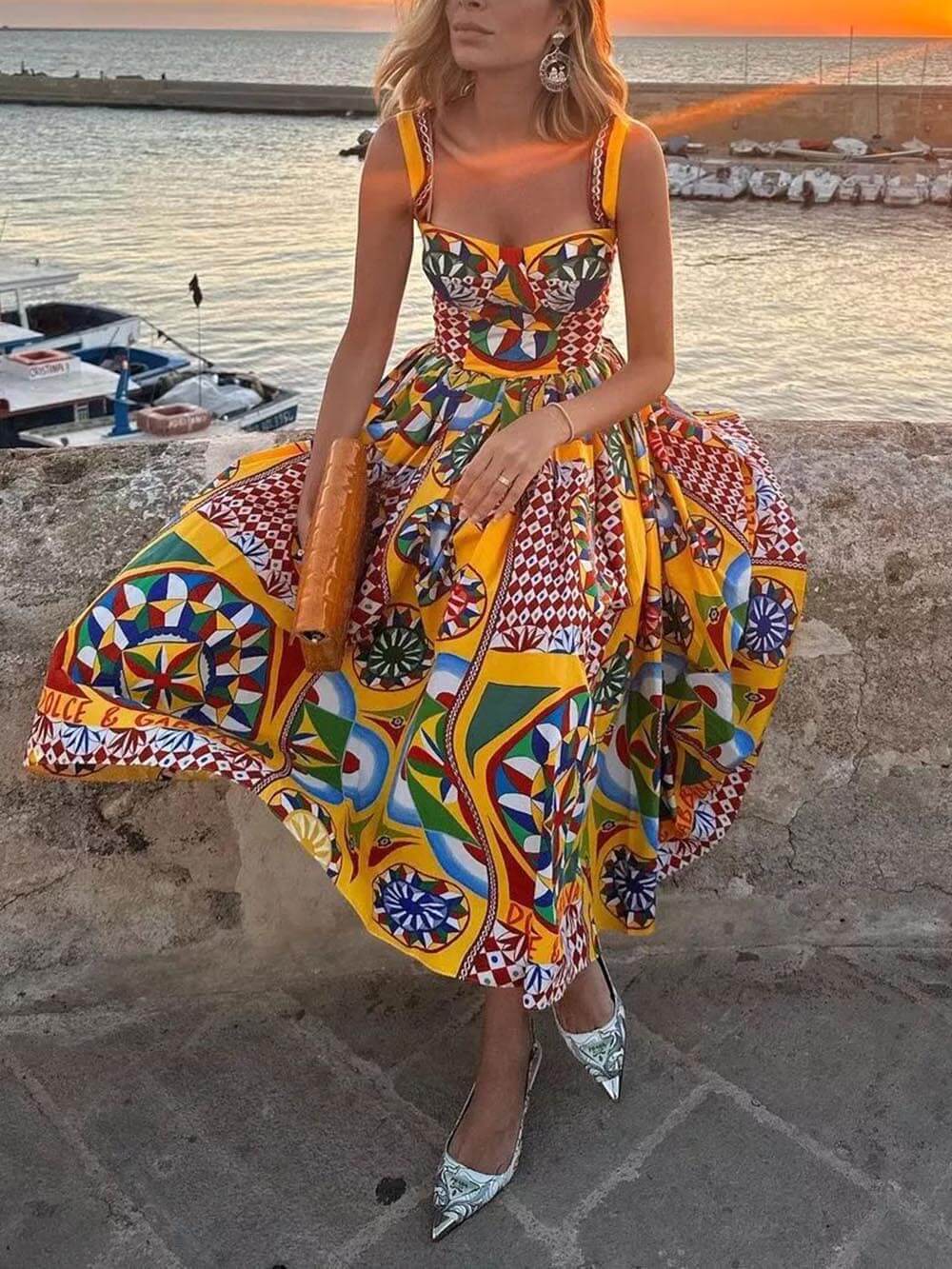 Unique Sunset Walk Ethnic Pattern Print Backless Midi Dress