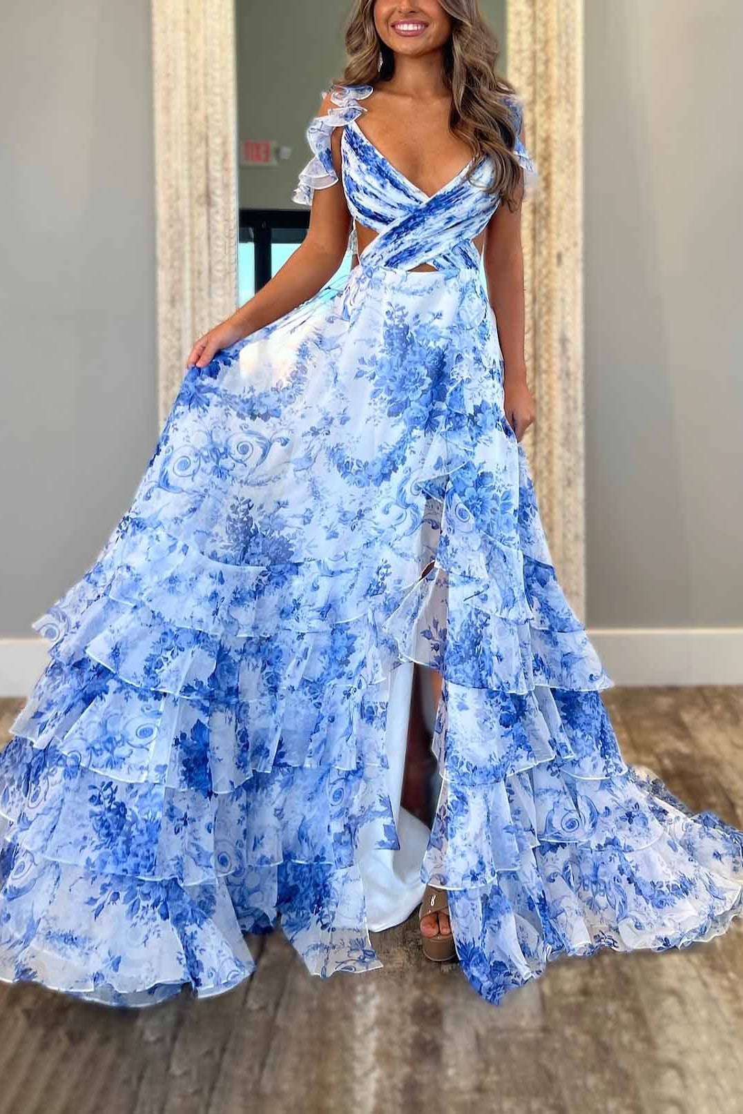 Elegant Printed V-neck Ruffled Flowy Maxi Dress