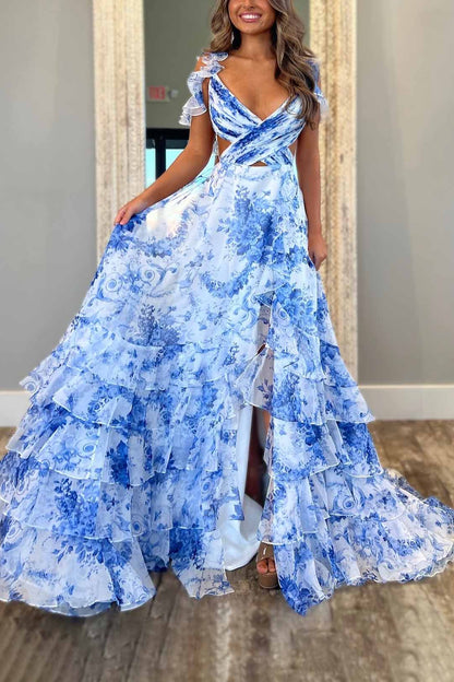 Elegant Printed V-neck Ruffled Flowy Maxi Dress