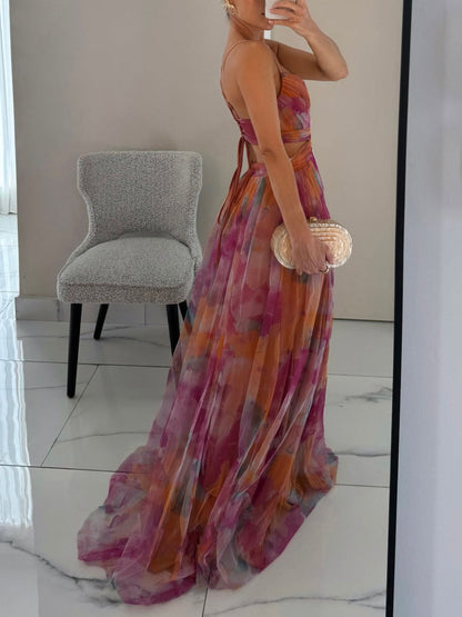 Elegant Painted Floral Print V-Neck A-Line Maxi Dress