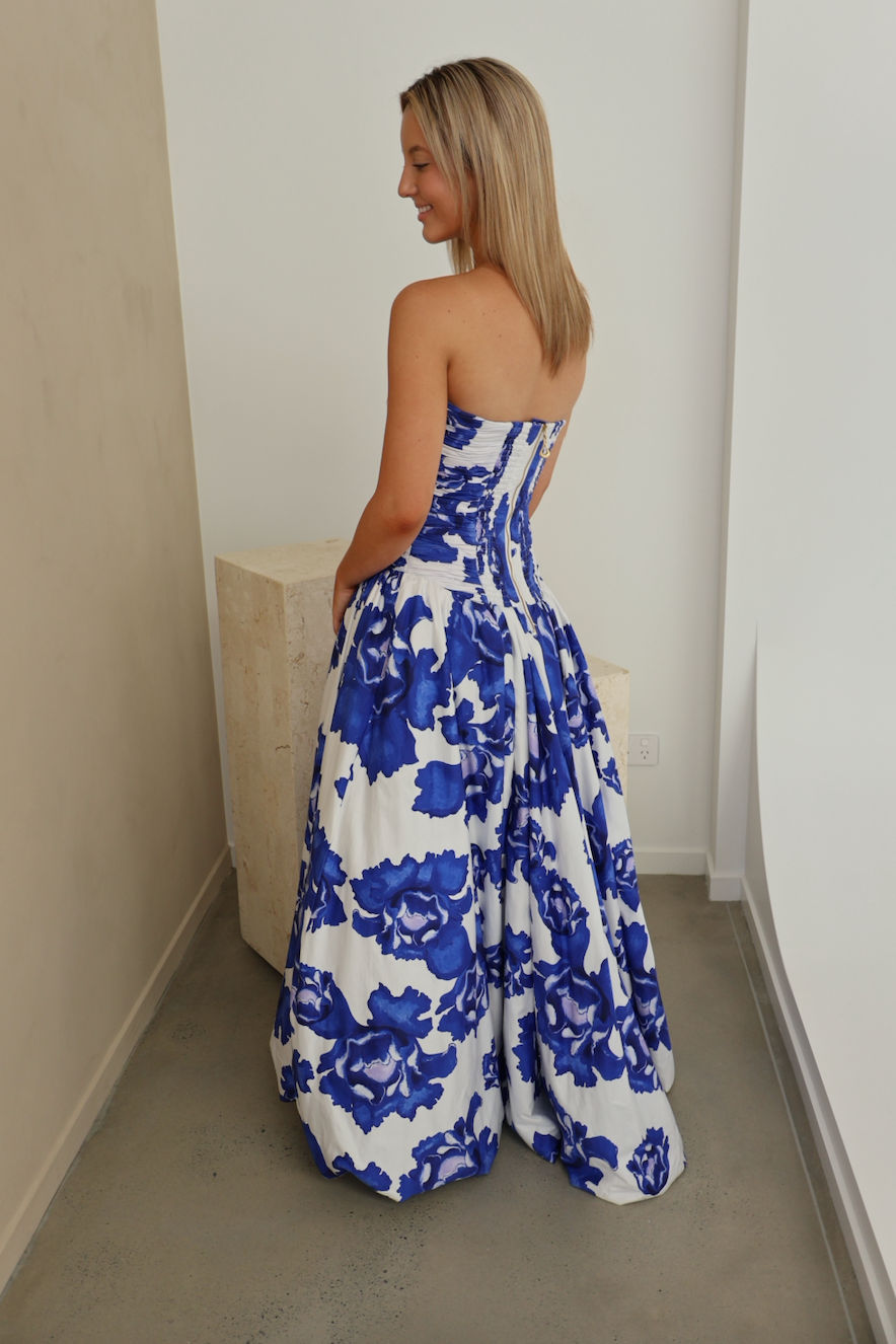 Sapphire Bloom Cascade Maxi Dress