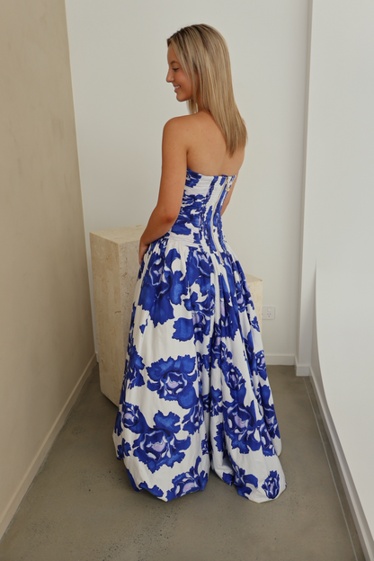 Sapphire Bloom Cascade Maxi Dress