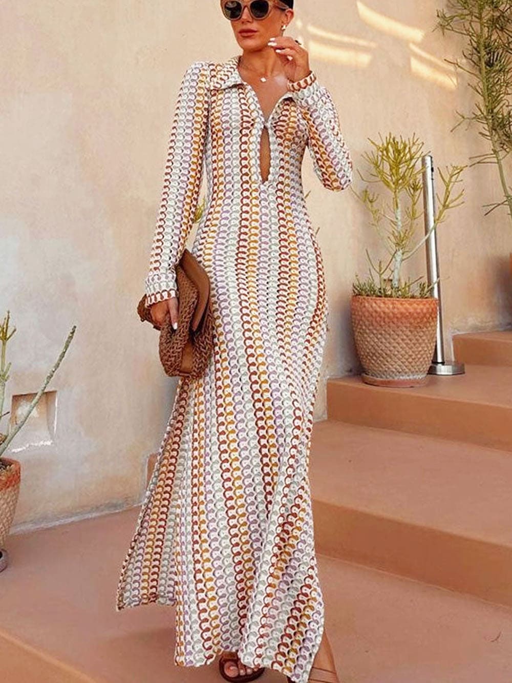 Earthy Elegance Wavy Maxi Dress - TheBohoBloom