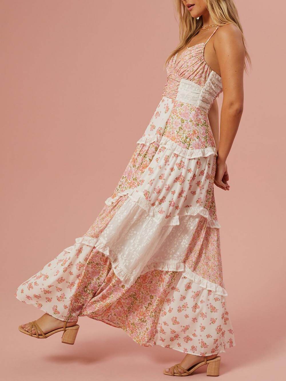 Retro Floral Print Patchwork Maxi Dress