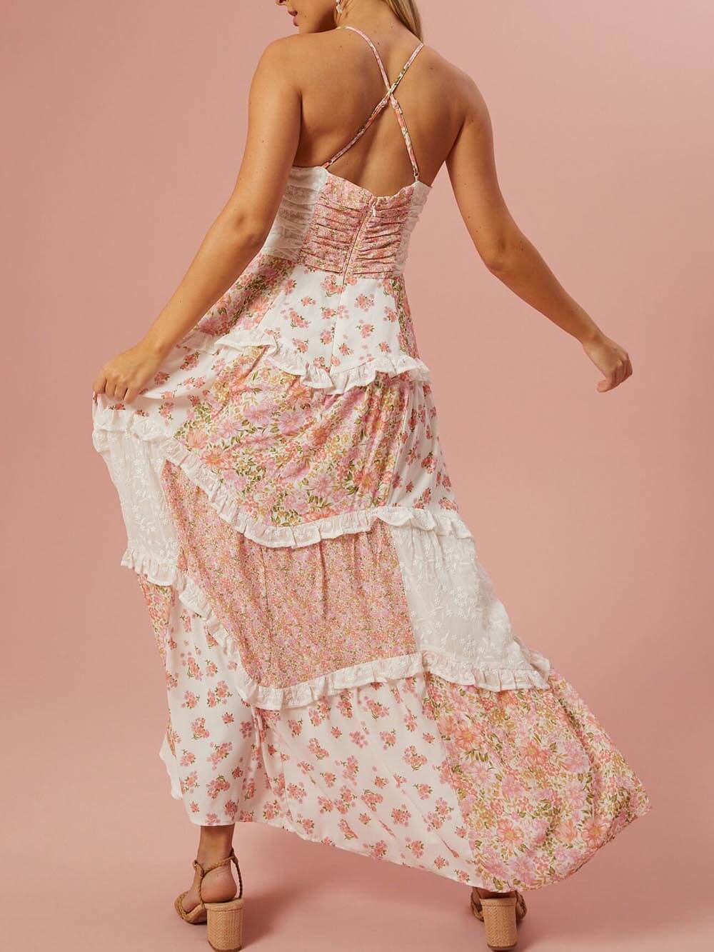 Retro Floral Print Patchwork Maxi Dress