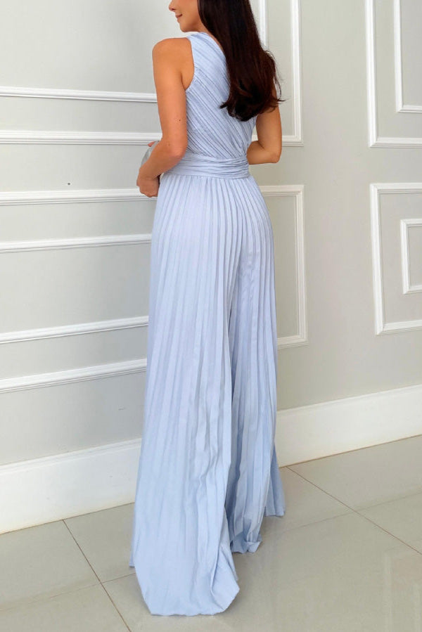 Elegant Pleated Slant Neck Waist Jumpsuit