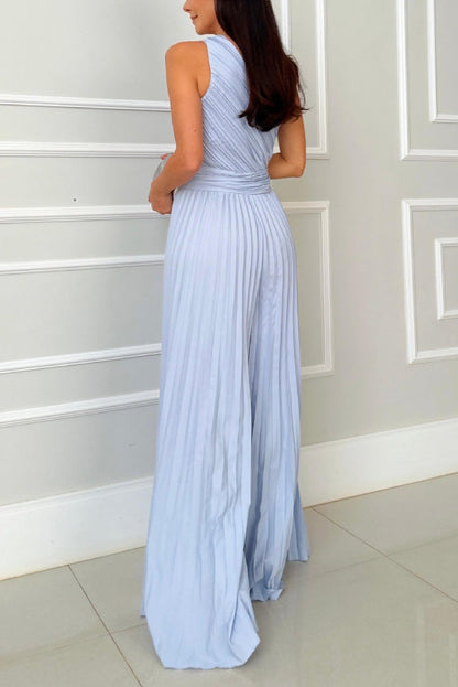 Elegant Pleated Slant Neck Waist Jumpsuit