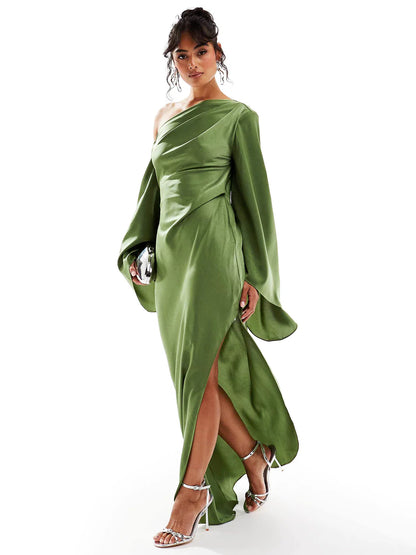 Lush Luxe Asymmetrical Satin Maxi Dress