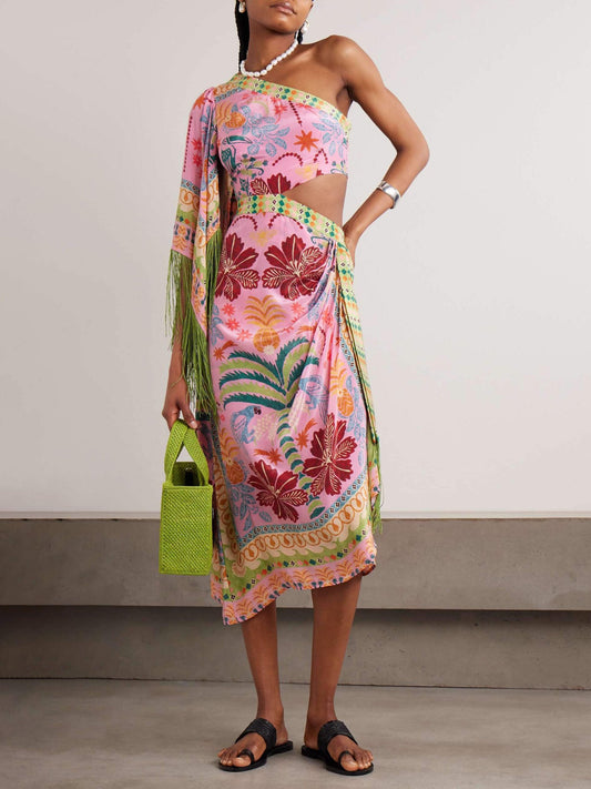 Palm Paradise One - Shoulder Midi Dress - TheBohoBloom