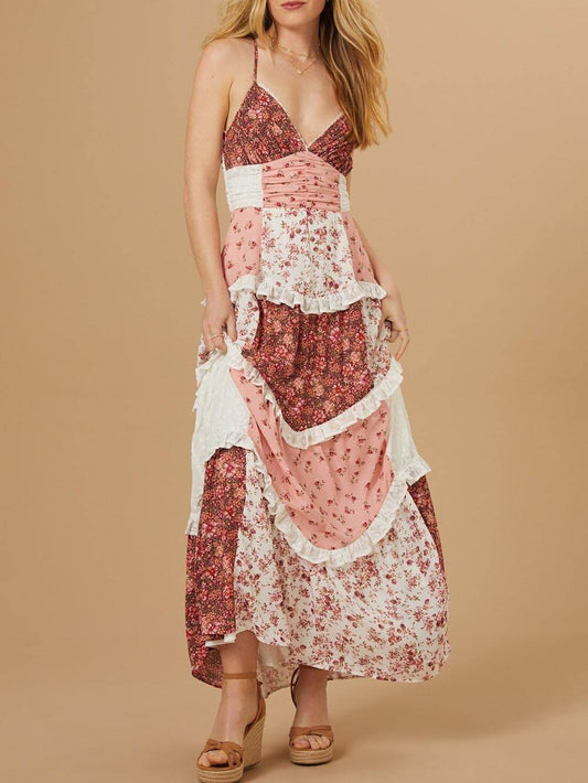 Elegant Patchwork Floral Print Maxi Dress