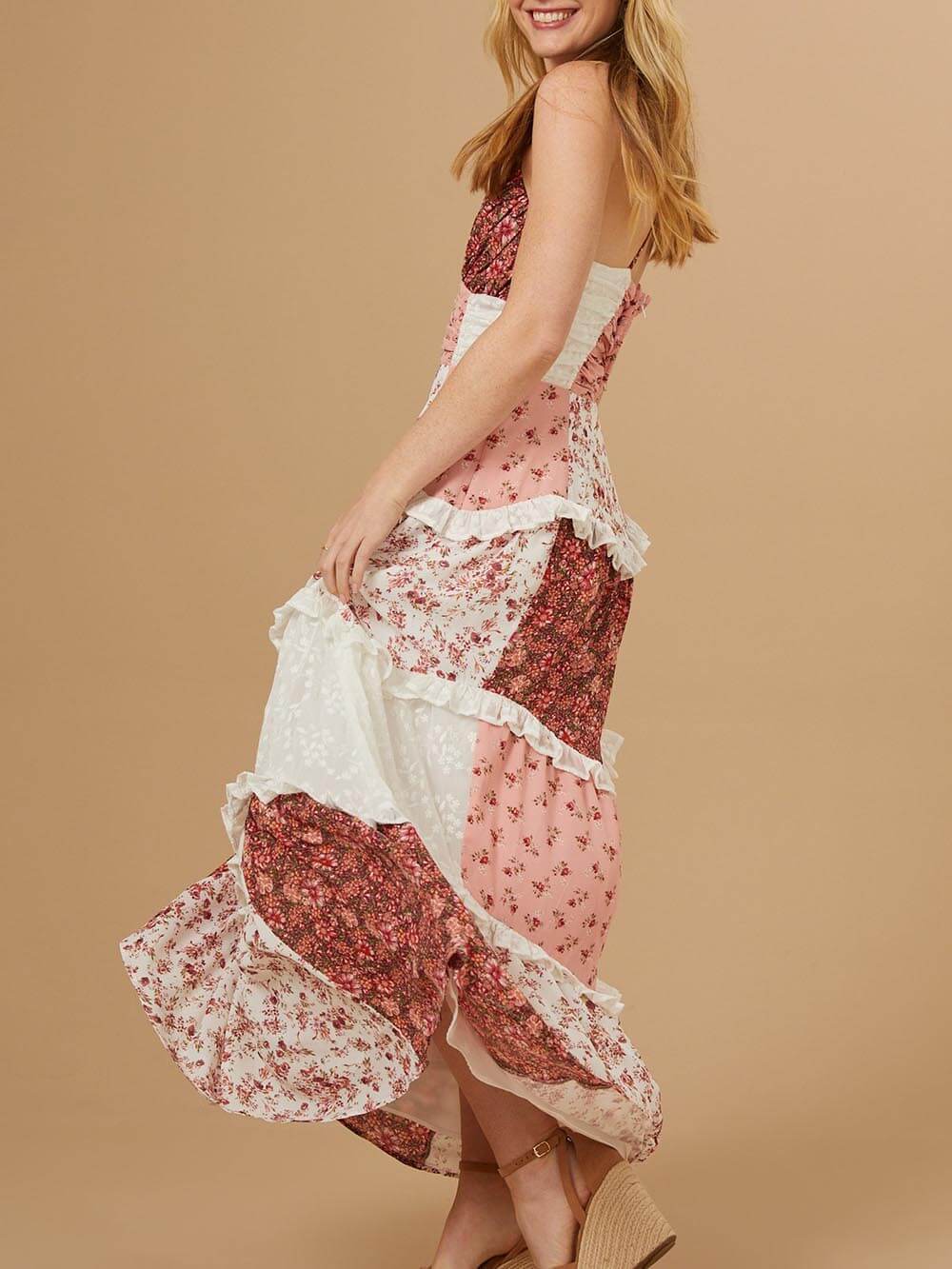 Elegant Patchwork Floral Print Maxi Dress