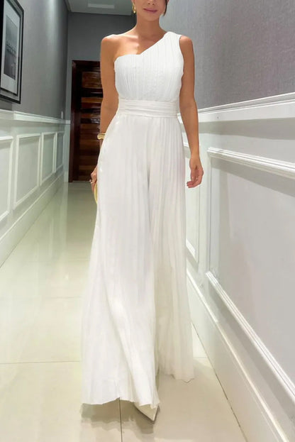 Elegant Pleated Slant Neck Waist Jumpsuit