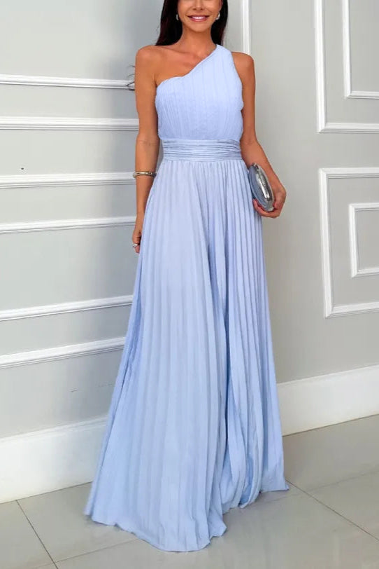 Elegant Pleated Slant Neck Waist Jumpsuit