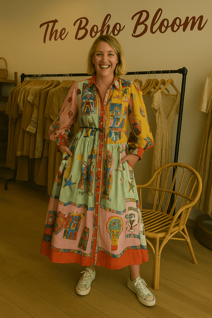Color Pop Illustrated Midi Dress - TheBohoBloom