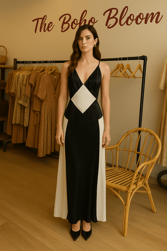 Monochrome Muse Satin Maxi Dress - TheBohoBloom