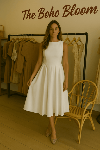 Minimalist White Twill Midi Dress - TheBohoBloom