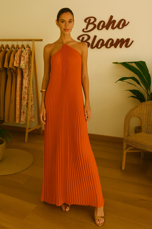 Tangerine Glow Halter Maxi Dress