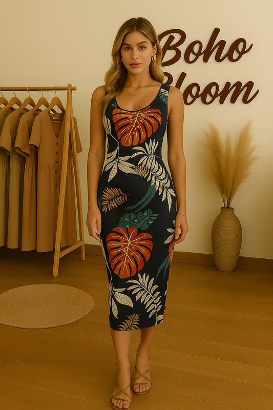 Tropical Midnight Leaf Midi Dress