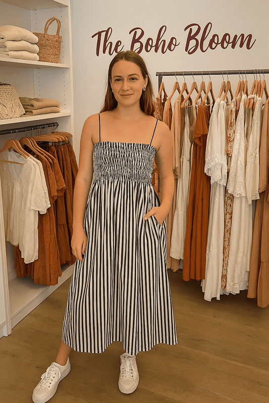 Riviera Elegance Striped Maxi Dress - TheBohoBloom